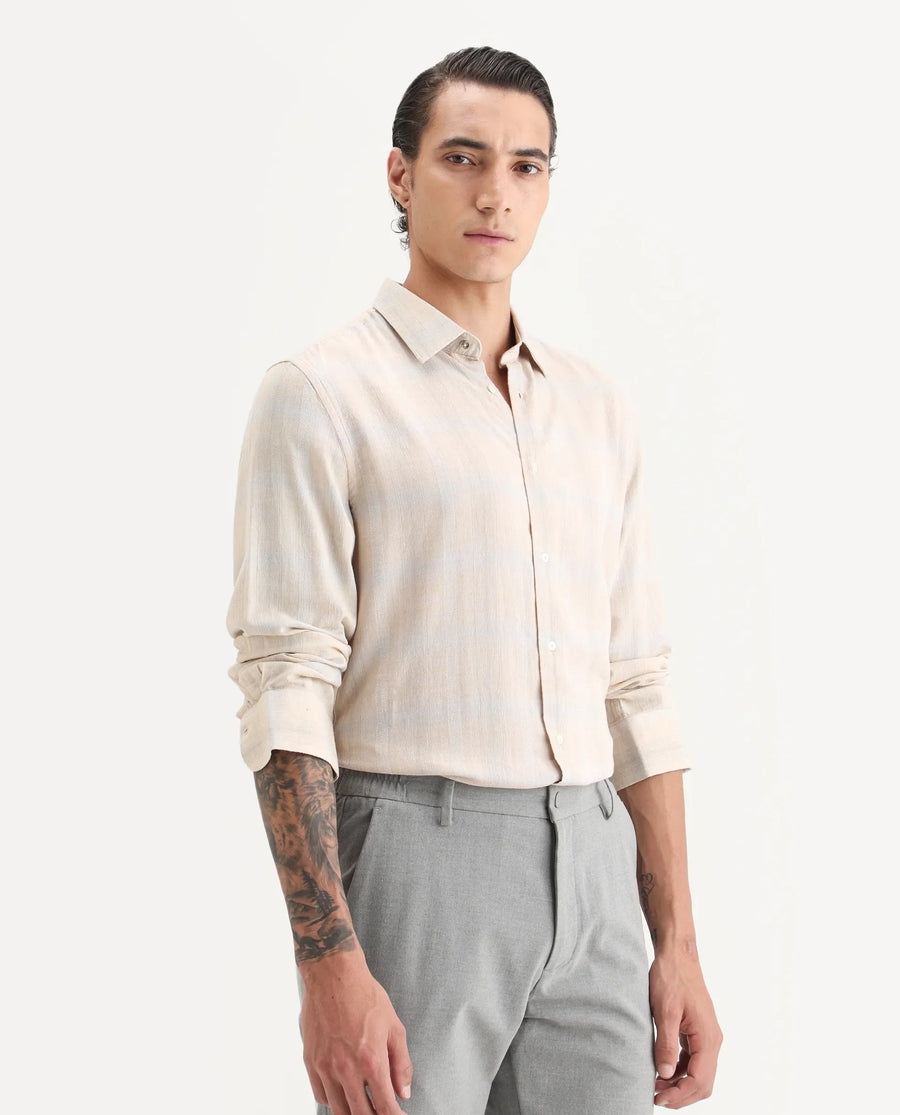 Rare Rabbit Men Eamon Light Beige Linen Blend Checked Print Regular Fit Full Sleeve Collared Shirt