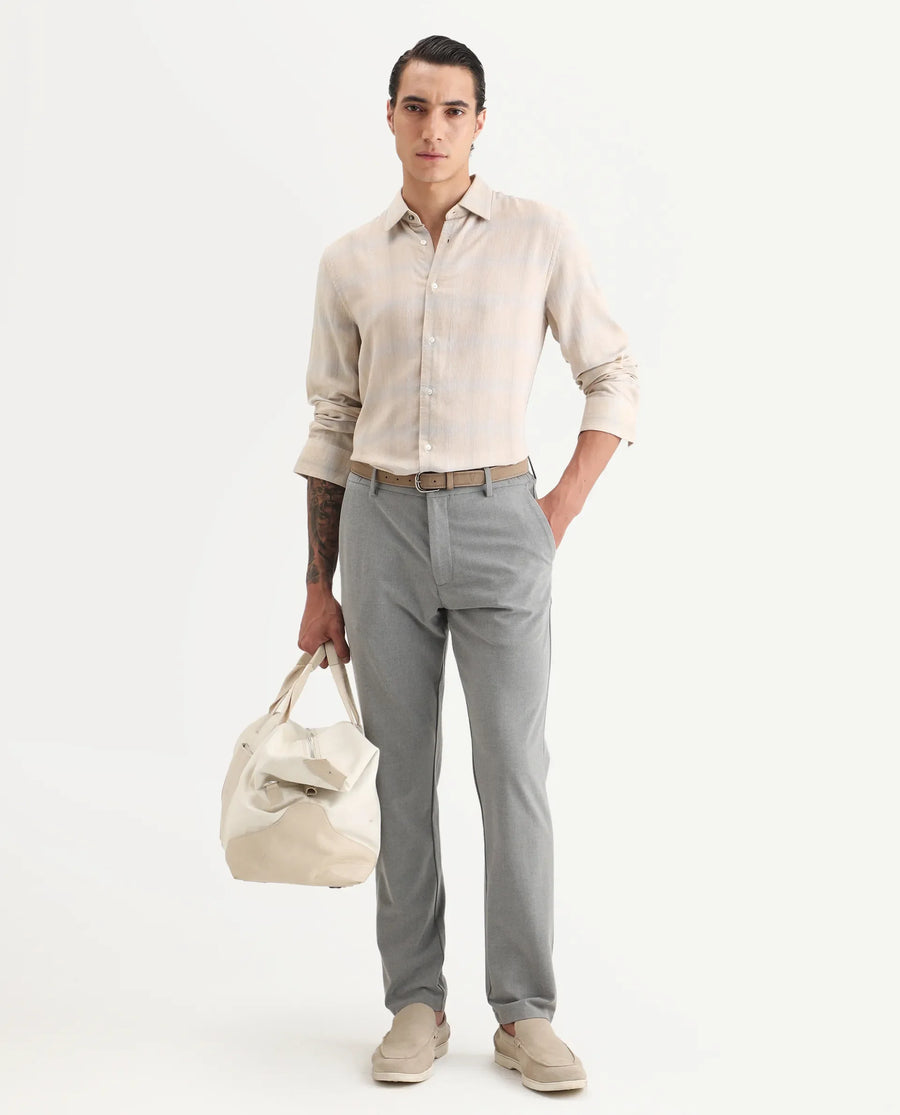 Rare Rabbit Men Eamon Light Beige Linen Blend Checked Print Regular Fit Full Sleeve Collared Shirt