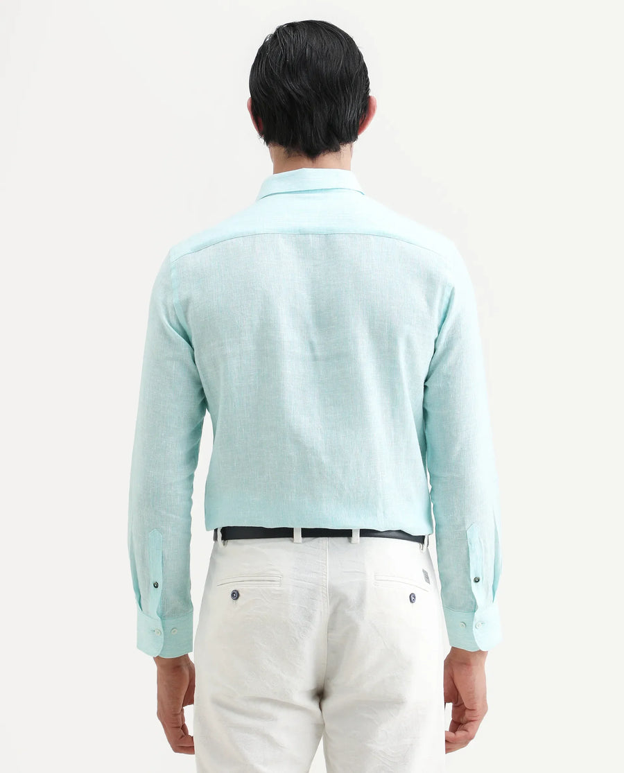 Rare Rabbit Men's Valt Light Aqua Linen Blend Plain Regular Fit Full Sleeve Collared Shirt