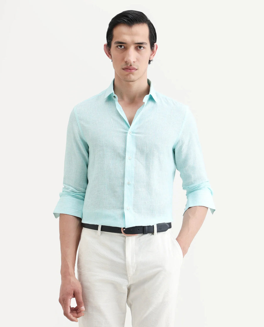 Rare Rabbit Men's Valt Light Aqua Linen Blend Plain Regular Fit Full Sleeve Collared Shirt
