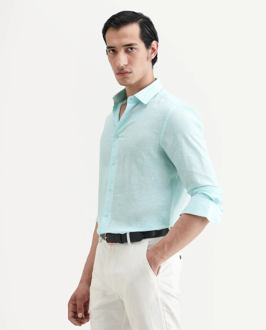 Rare Rabbit Men's Valt Light Aqua Linen Blend Plain Regular Fit Full Sleeve Collared Shirt