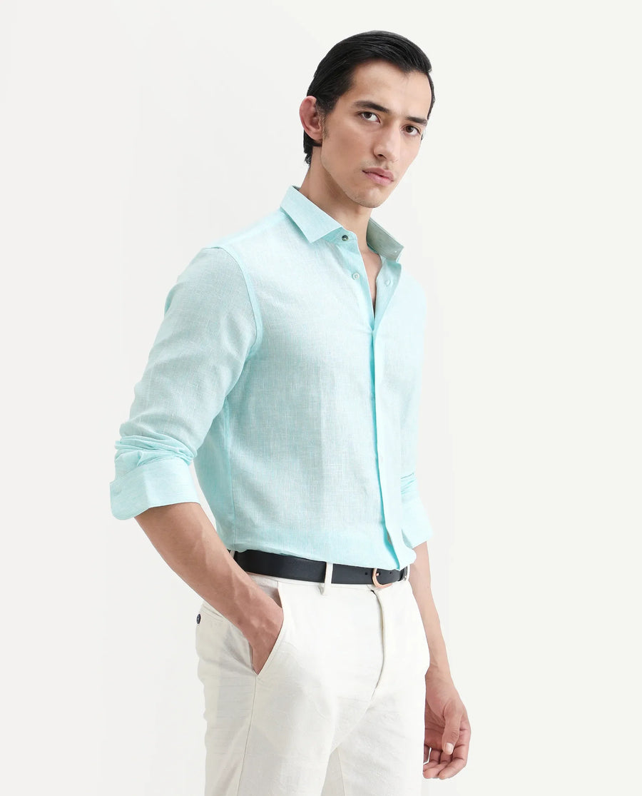 Rare Rabbit Men's Valt Light Aqua Linen Blend Plain Regular Fit Full Sleeve Collared Shirt