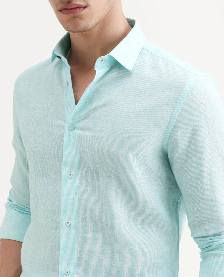 Rare Rabbit Men's Valt Light Aqua Linen Blend Plain Regular Fit Full Sleeve Collared Shirt