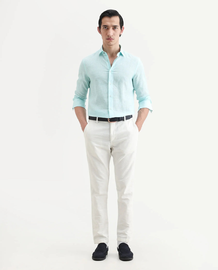 Rare Rabbit Men's Valt Light Aqua Linen Blend Plain Regular Fit Full Sleeve Collared Shirt