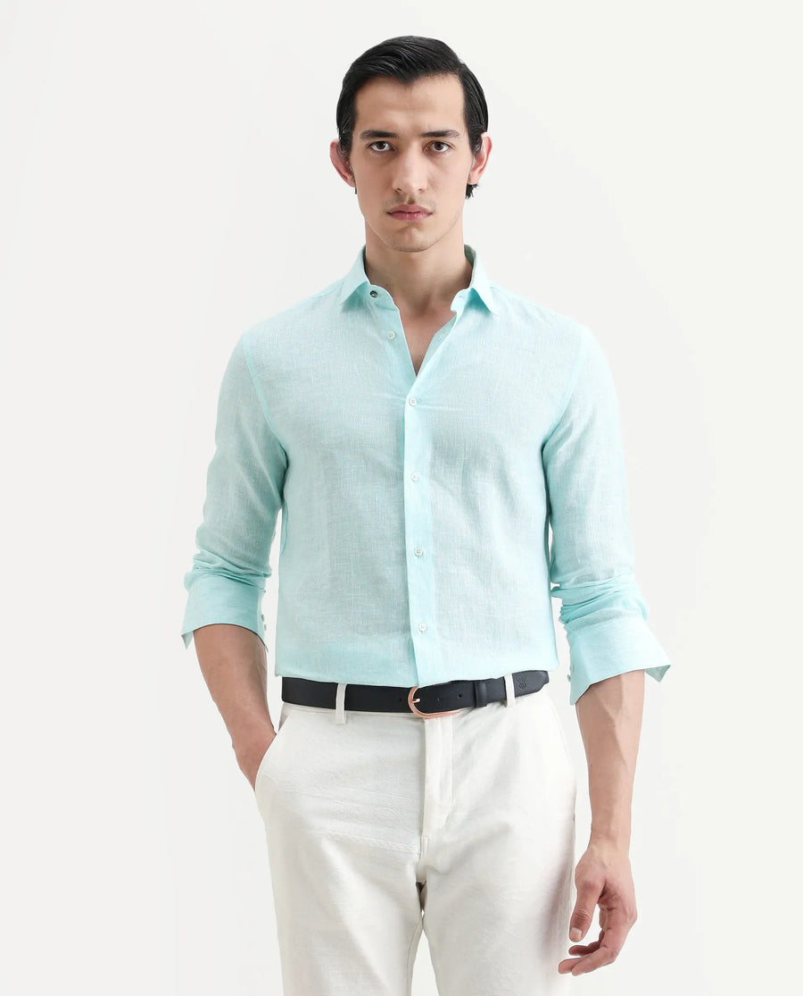 Rare Rabbit Men's Valt Light Aqua Linen Blend Plain Regular Fit Full Sleeve Collared Shirt