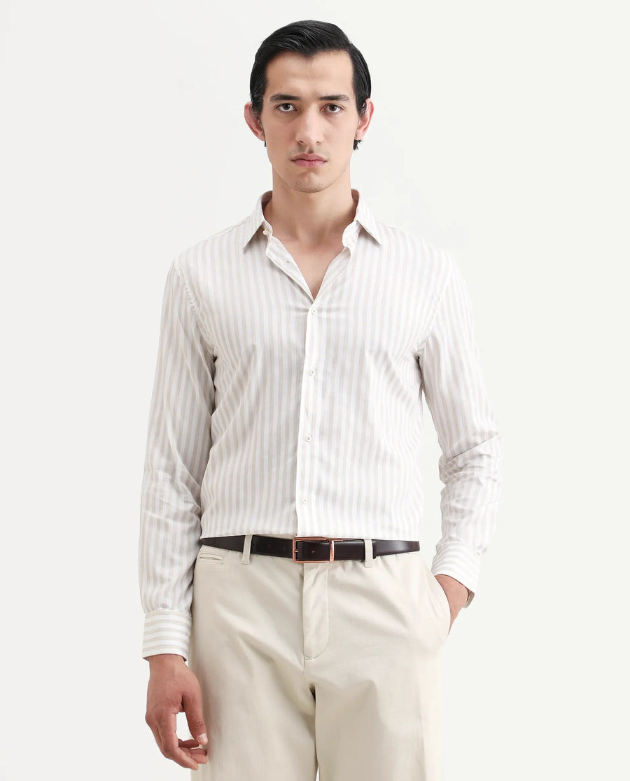 Rare Rabbit Men's Bari Beige Cotton Blend Striped Print Regular Fit Full Sleeve Collared Shirt