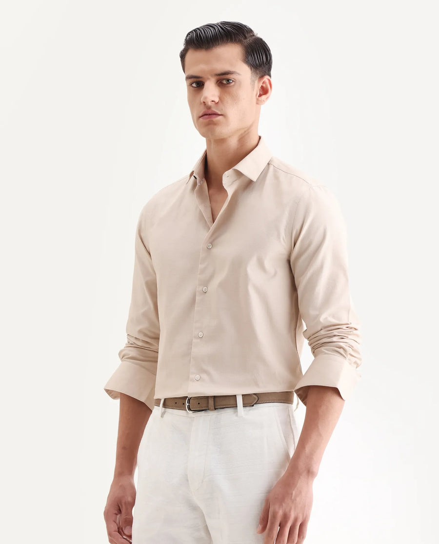 Rare Rabbit Men's Lasko Light Beige Cotton Plain Regular Fit Full Sleeve Collared Shirt