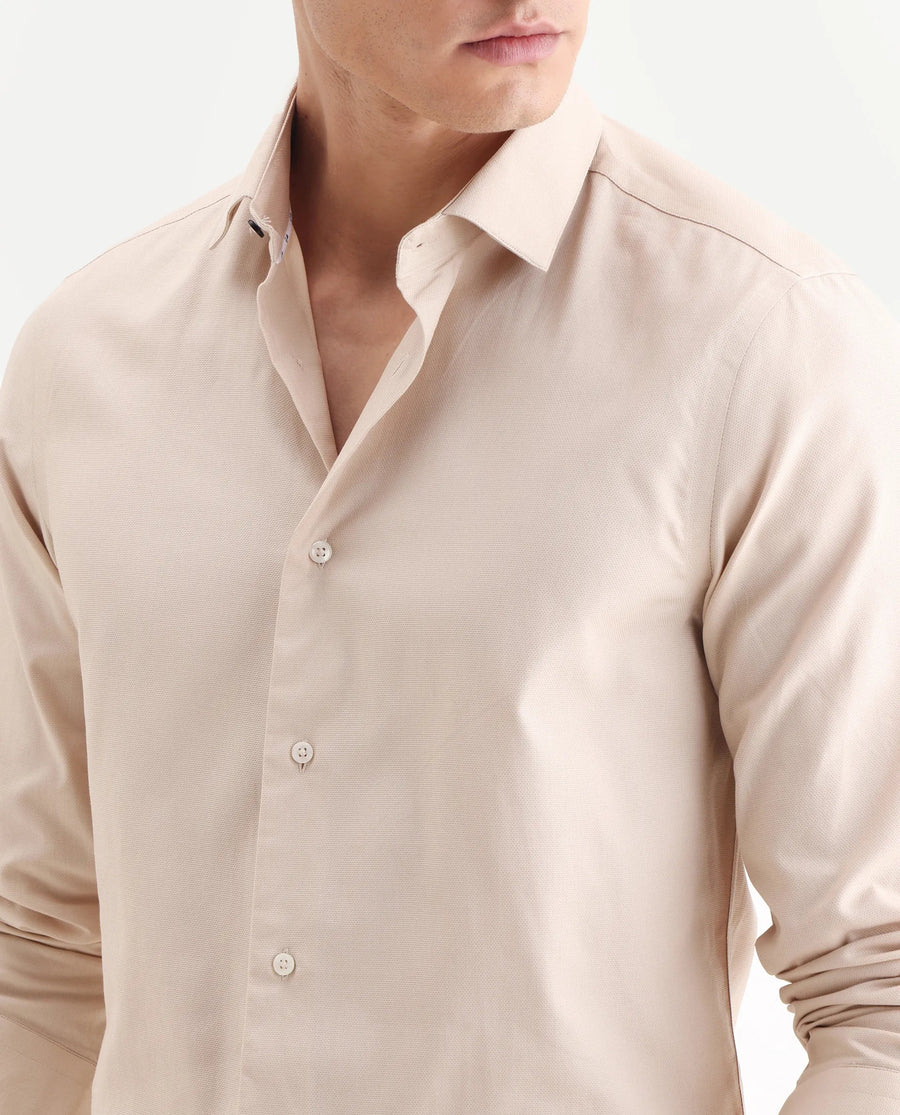 Rare Rabbit Men's Lasko Light Beige Cotton Plain Regular Fit Full Sleeve Collared Shirt