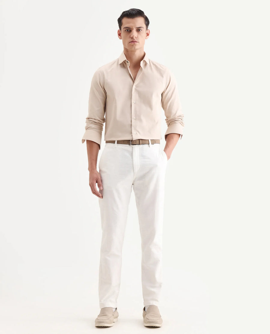 Rare Rabbit Men's Lasko Light Beige Cotton Plain Regular Fit Full Sleeve Collared Shirt