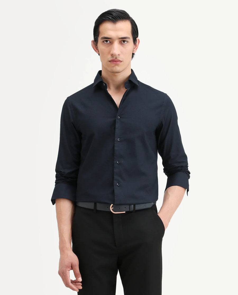 Rare Rabbit Men's Lasko Navy Cotton Plain Regular Fit Full Sleeve Collared Shirt