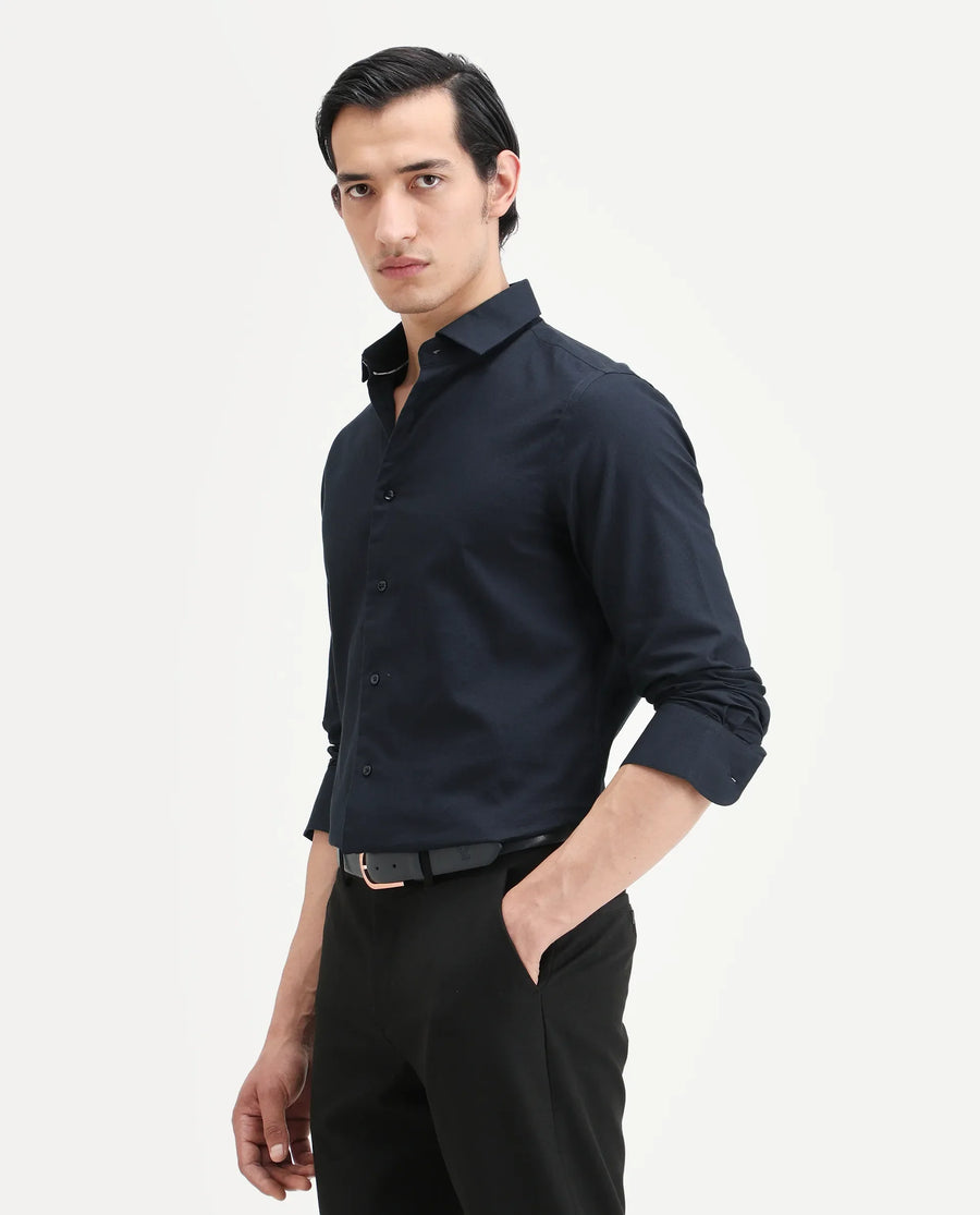 Rare Rabbit Men's Lasko Navy Cotton Plain Regular Fit Full Sleeve Collared Shirt