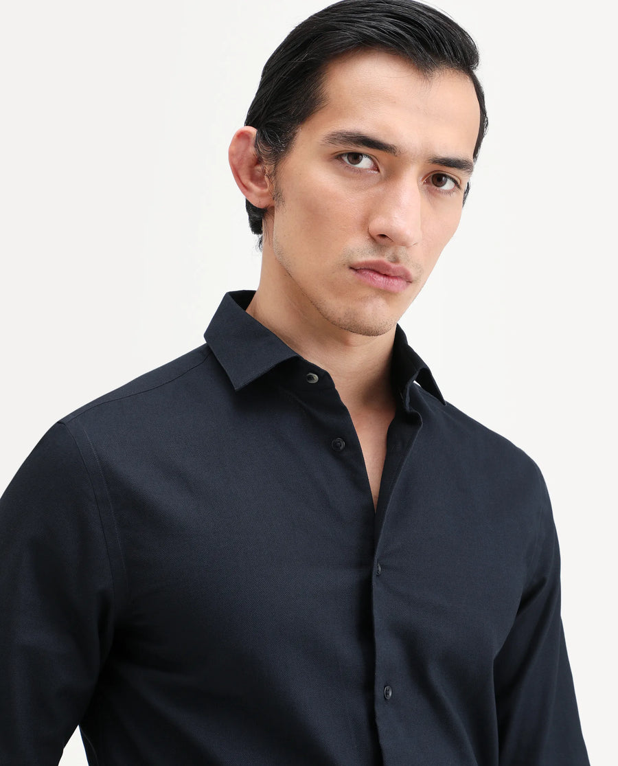 Rare Rabbit Men's Lasko Navy Cotton Plain Regular Fit Full Sleeve Collared Shirt