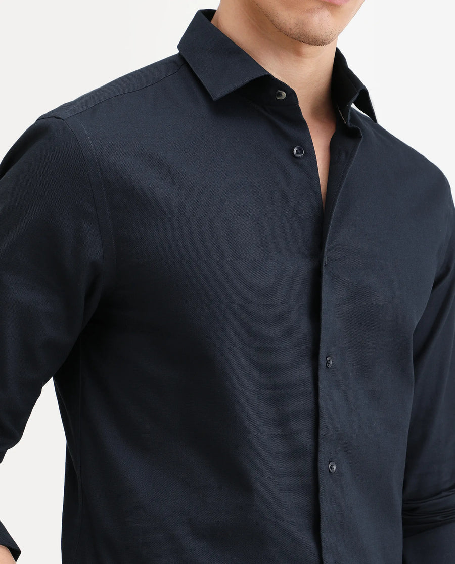 Rare Rabbit Men's Lasko Navy Cotton Plain Regular Fit Full Sleeve Collared Shirt