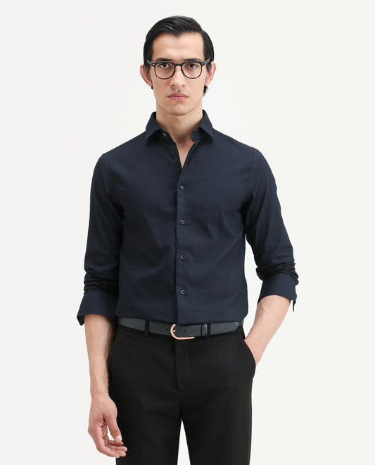 Rare Rabbit Men's Lasko Navy Cotton Plain Regular Fit Full Sleeve Collared Shirt