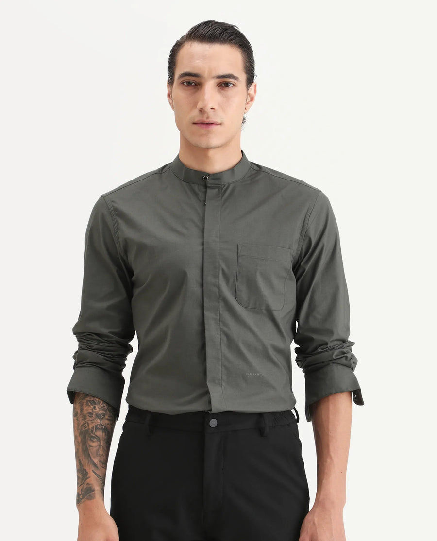 Rare Rabbit Men's Dati Dusky Olive Polyester Blend Plain Regular Fit Full Sleeve Mandarin Collar Shirt