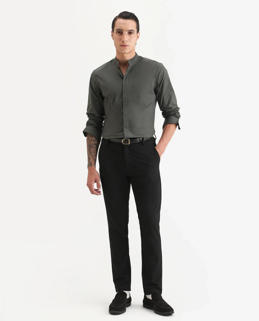 Rare Rabbit Men's Dati Dusky Olive Polyester Blend Plain Regular Fit Full Sleeve Mandarin Collar Shirt