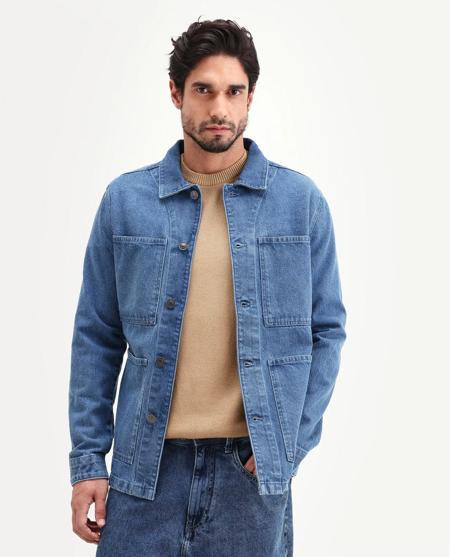 Rare Rabbit Men's Brond Blue Cotton Plain Regular Fit Full Sleeve Spread Collar Jacket