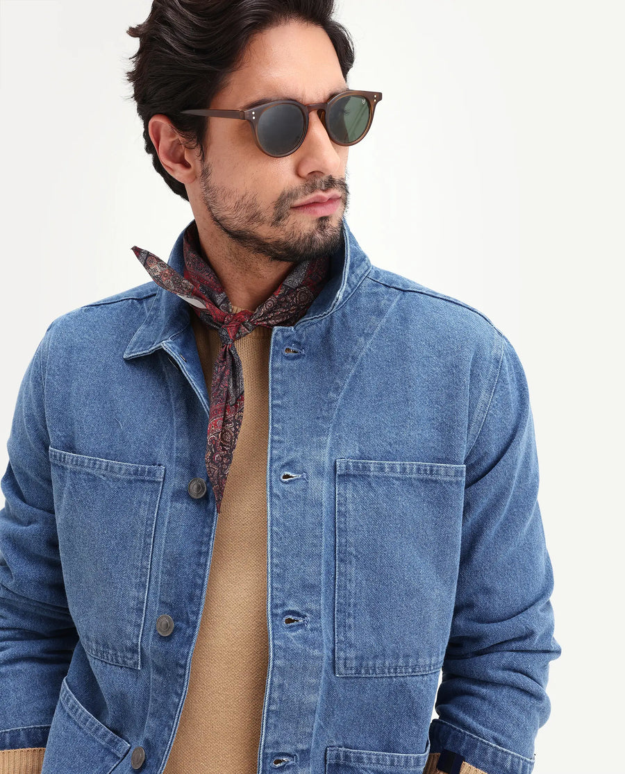 Rare Rabbit Men's Brond Blue Cotton Plain Regular Fit Full Sleeve Spread Collar Jacket