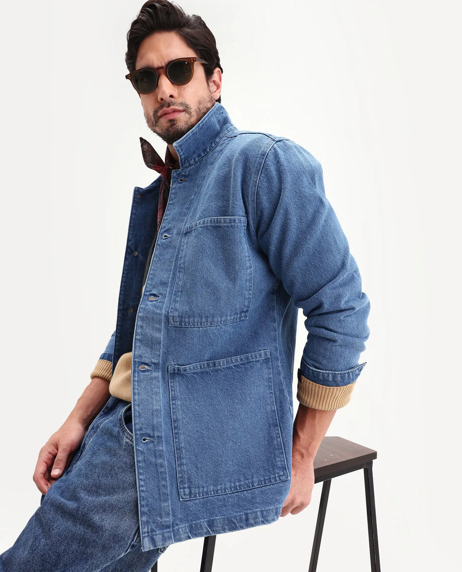 Rare Rabbit Men's Brond Blue Cotton Plain Regular Fit Full Sleeve Spread Collar Jacket