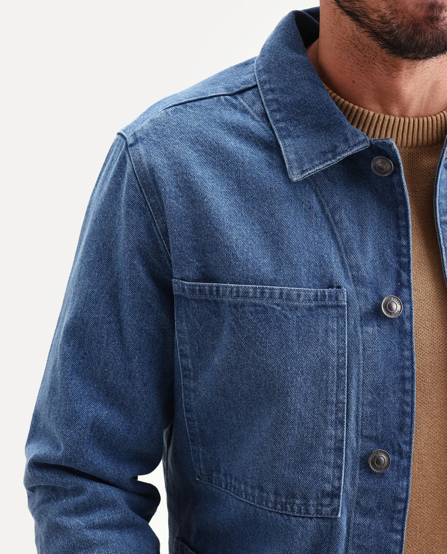 Rare Rabbit Men's Brond Blue Cotton Plain Regular Fit Full Sleeve Spread Collar Jacket