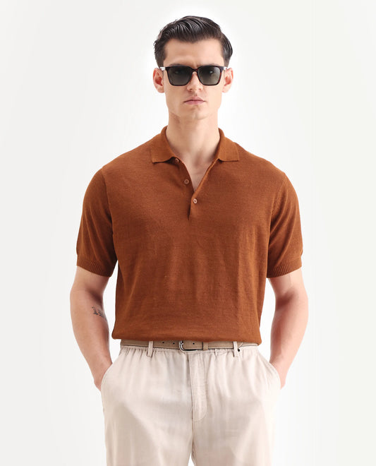Rare Rabbit Men's Mekko-25 Rust Cotton Blend Plain Regular Fit Half Sleeve Polo