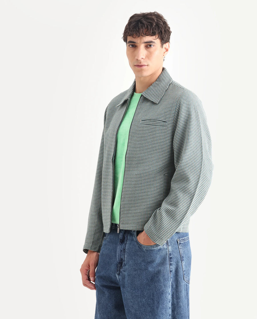 Rare Rabbit Men's Pexrul Teal Cotton Checked Print Relaxed Fit Full Sleeve Spread Collar Jacket