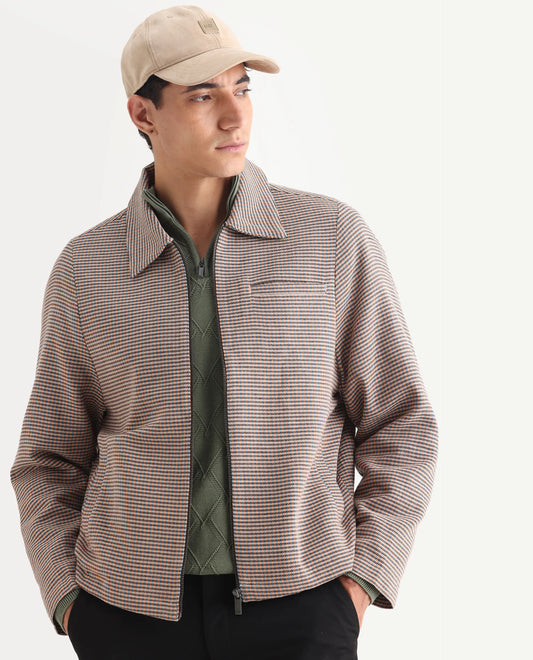 Rare Rabbit Men's Pexrul Rust Cotton Checked Print Relaxed Fit Full Sleeve Spread Collar Jacket