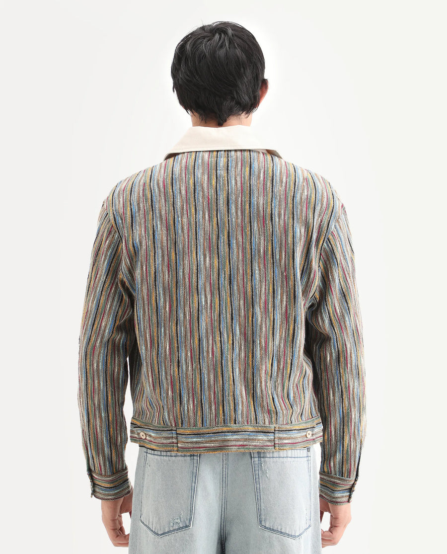 Rare Rabbit Men's Pelden J Light Brown Viscose Blend Striped Print Boxy Fit Full Sleeve Collared Shacket