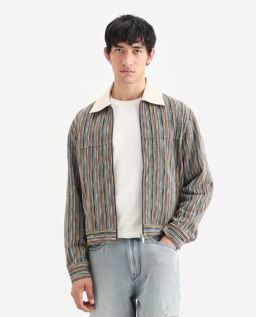 Rare Rabbit Men's Pelden J Light Brown Viscose Blend Striped Print Boxy Fit Full Sleeve Collared Shacket