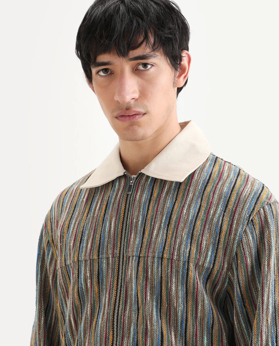 Rare Rabbit Men's Pelden J Light Brown Viscose Blend Striped Print Boxy Fit Full Sleeve Collared Shacket