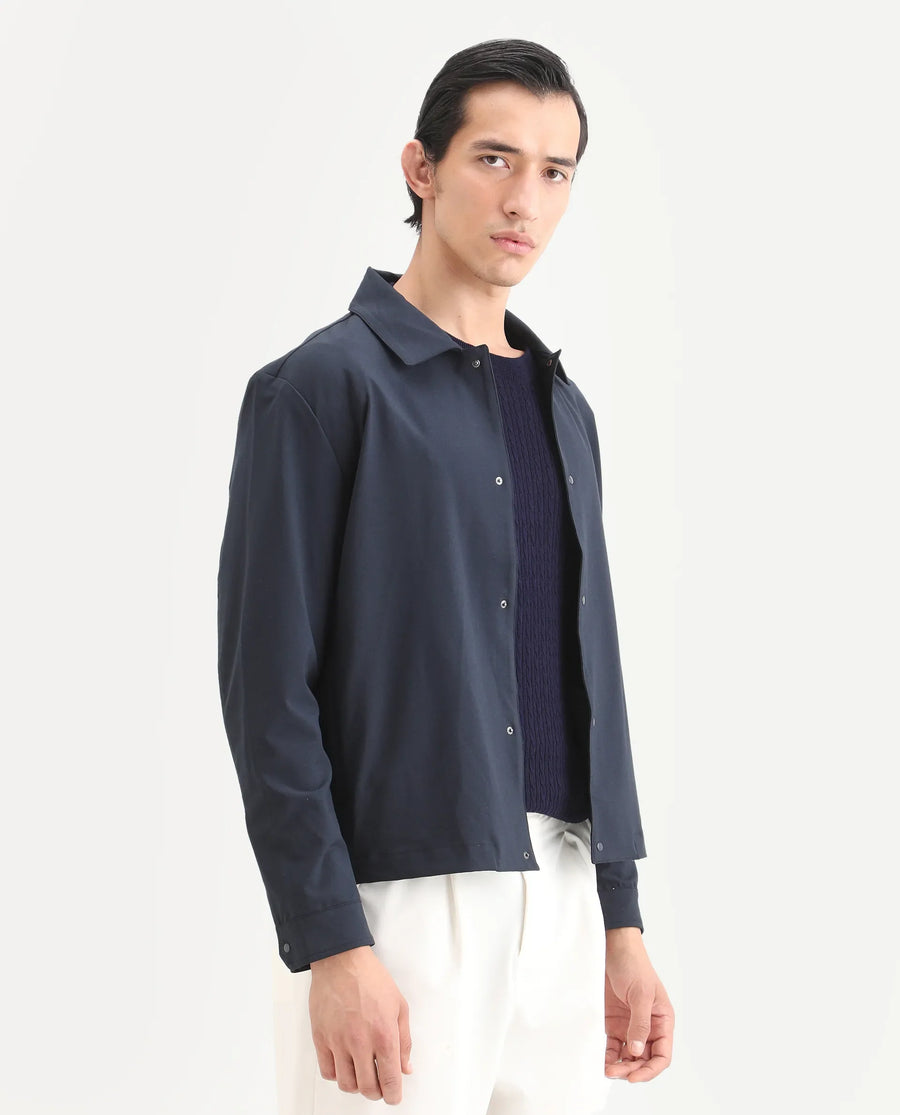 Rare Rabbit Men's Juan Navy Cotton Plain Relaxed Fit Full Sleeve Collared Shacket