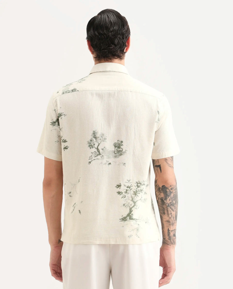 Rare Rabbit Men's Murpo Green Cotton Fabric Half Sleeve Spread Collar Regular Fit Printed Shirt