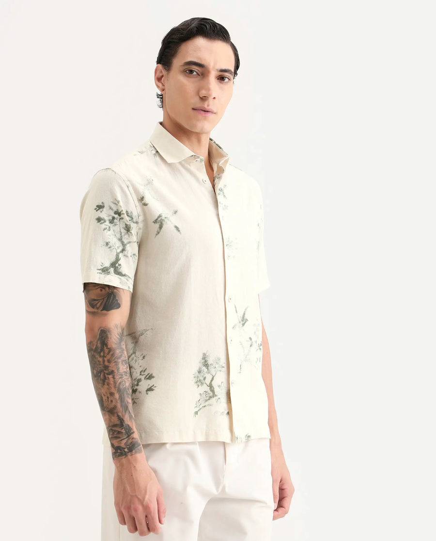 Rare Rabbit Men's Murpo Green Cotton Fabric Half Sleeve Spread Collar Regular Fit Printed Shirt