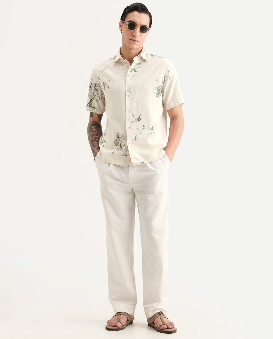 Rare Rabbit Men's Murpo Green Cotton Fabric Half Sleeve Spread Collar Regular Fit Printed Shirt