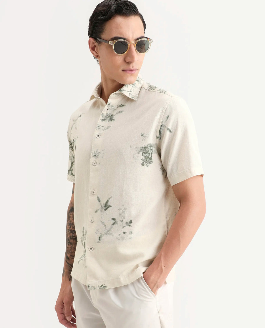 Rare Rabbit Men's Murpo Green Cotton Fabric Half Sleeve Spread Collar Regular Fit Printed Shirt
