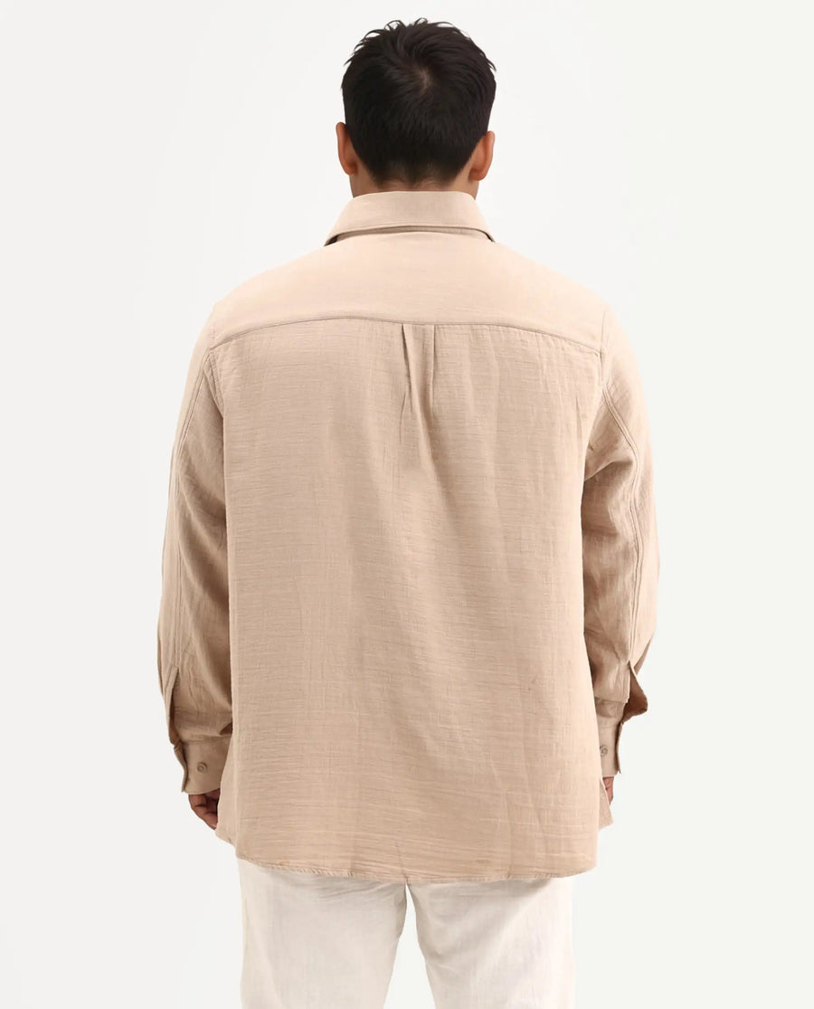 Rare Rabbit Men Enim-L Beige Cotton Fabric Full Sleeve Spread Collar Button Closure Relaxed Fit Plain Shirt