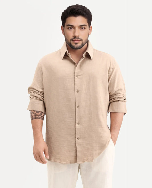Rare Rabbit Men Enim-L Beige Cotton Fabric Full Sleeve Spread Collar Button Closure Relaxed Fit Plain Shirt