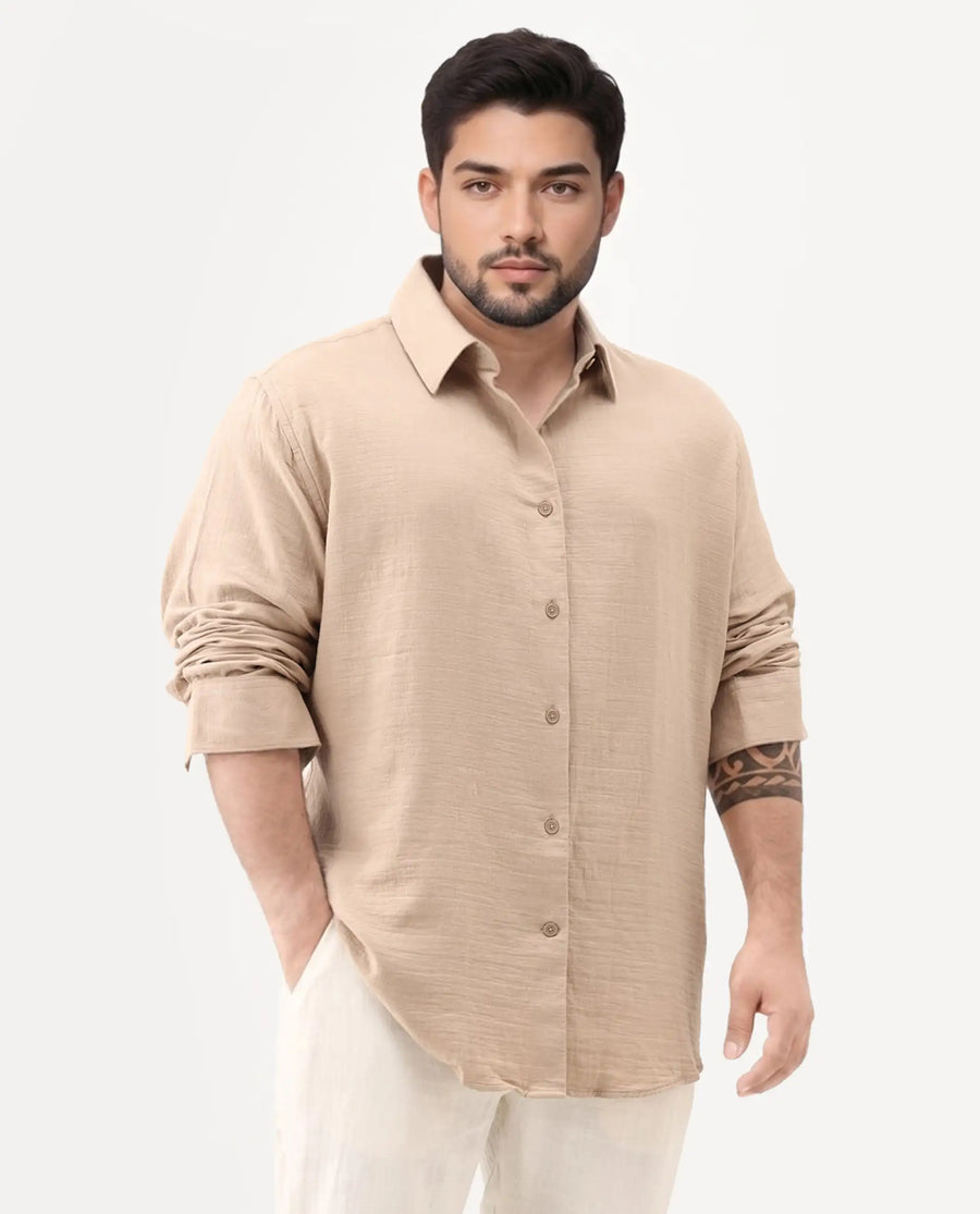 Rare Rabbit Men Enim-L Beige Cotton Fabric Full Sleeve Spread Collar Button Closure Relaxed Fit Plain Shirt