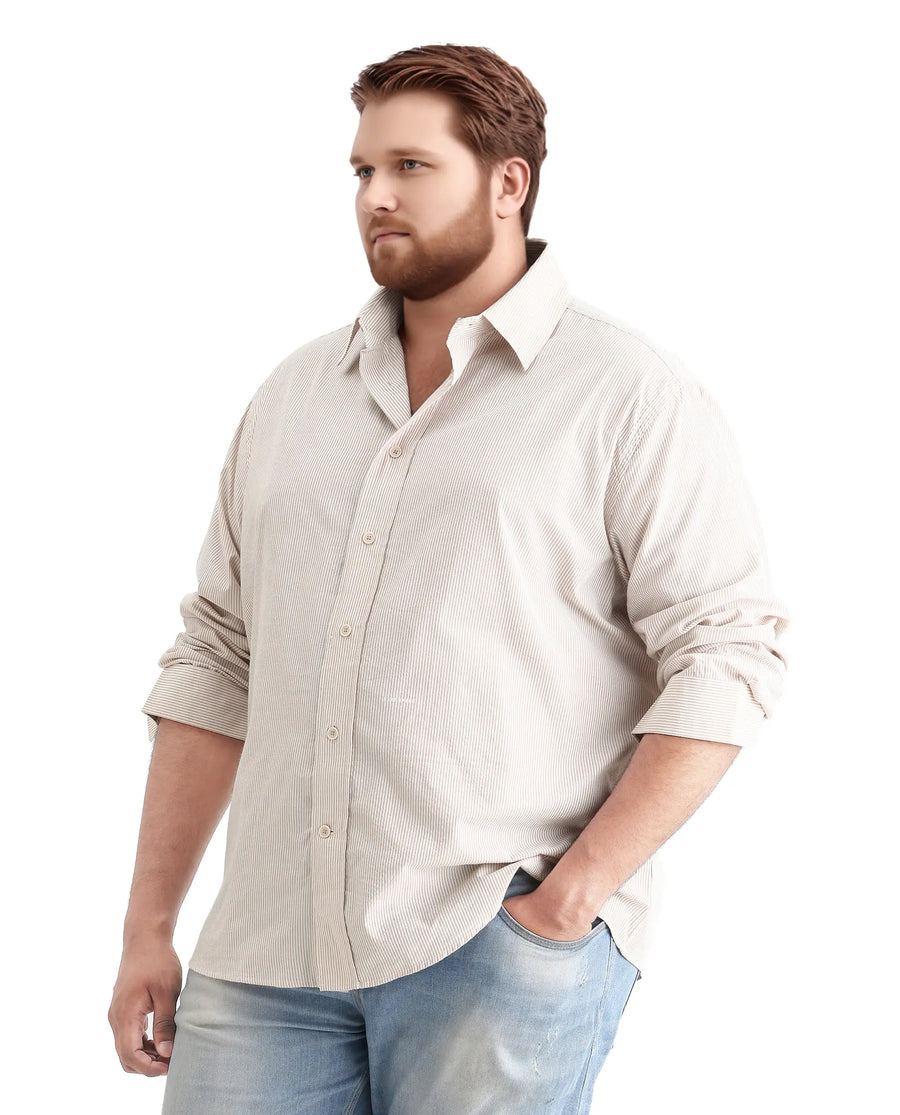 Rare Rabbit Men's Pluf Big Beige Cotton Blend Fabric Full Sleeve Spread Collar Button Closure Regular Fit Striped Shirt