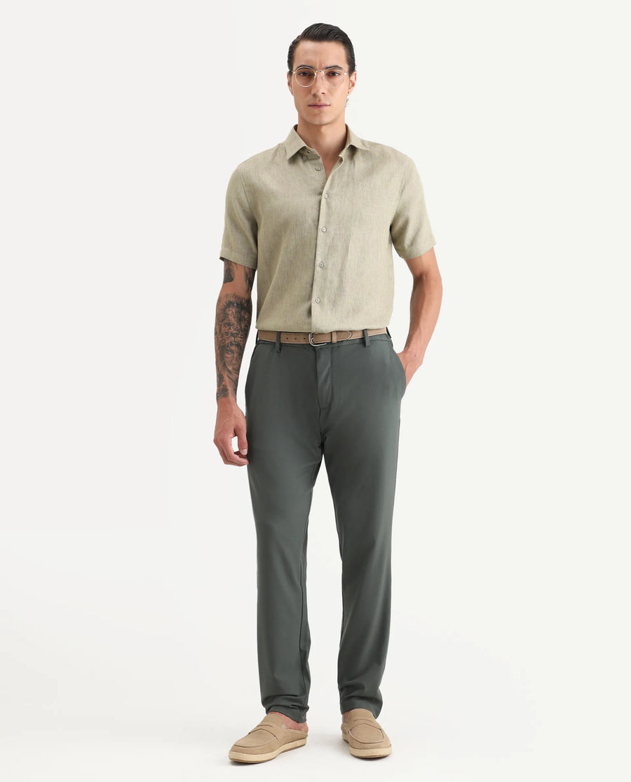Rare Rabbit Men Travel-Stk Olive Polyester Fabric Button And Zip Closure Closure Plain Trouser