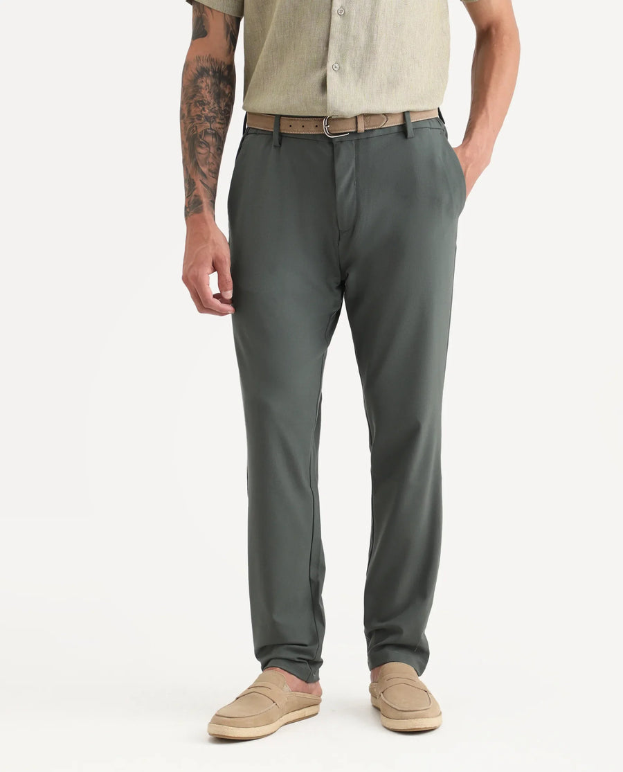 Rare Rabbit Men Travel-Stk Olive Polyester Fabric Button And Zip Closure Closure Plain Trouser