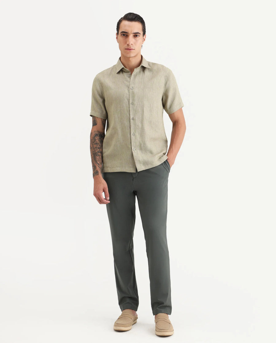 Rare Rabbit Men Travel-Stk Olive Polyester Fabric Button And Zip Closure Closure Plain Trouser