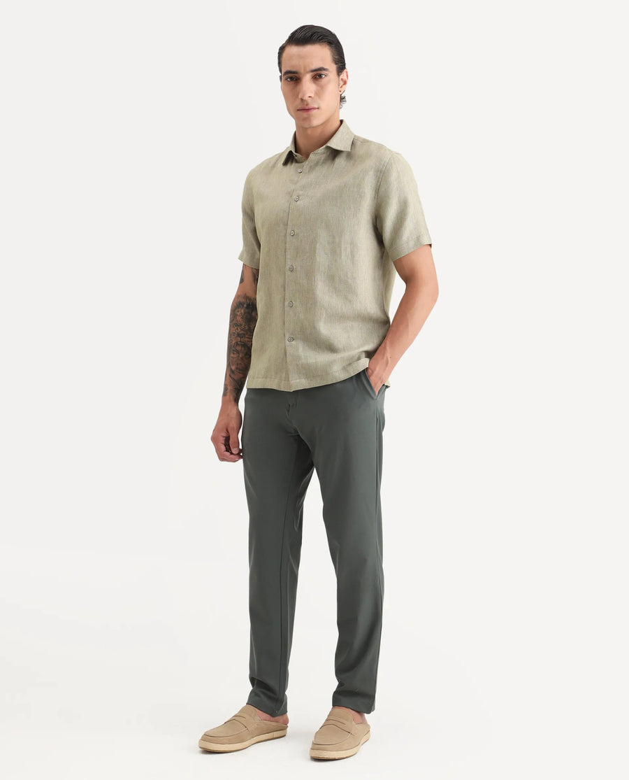 Rare Rabbit Men Travel-Stk Olive Polyester Fabric Button And Zip Closure Closure Plain Trouser