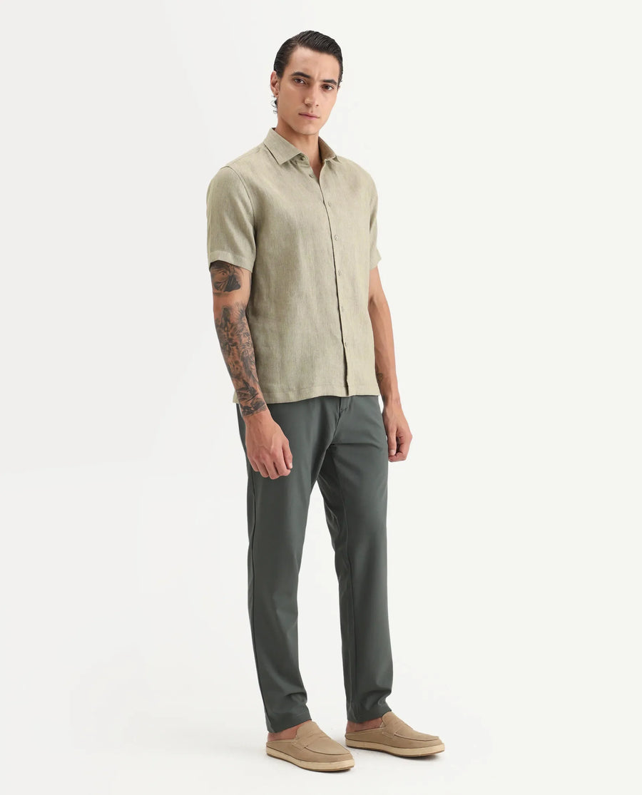 Rare Rabbit Men Travel-Stk Olive Polyester Fabric Button And Zip Closure Closure Plain Trouser