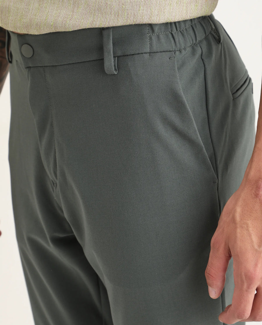 Rare Rabbit Men Travel-Stk Olive Polyester Fabric Button And Zip Closure Closure Plain Trouser