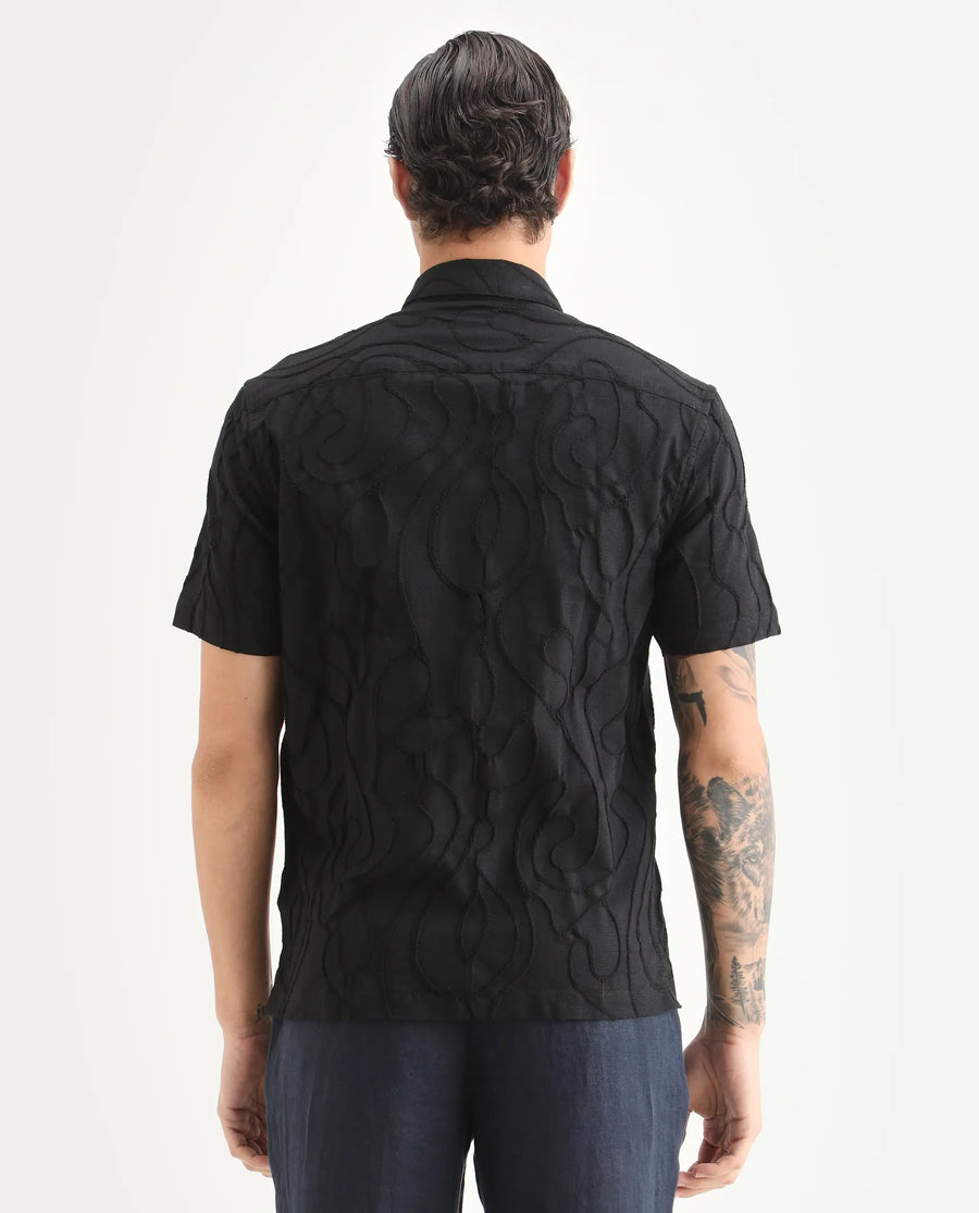 Rare Rabbit Men's Filsa Black Cotton Blend Fabric Half Sleeve Spread Collar Regular Fit Embroidered Shirt