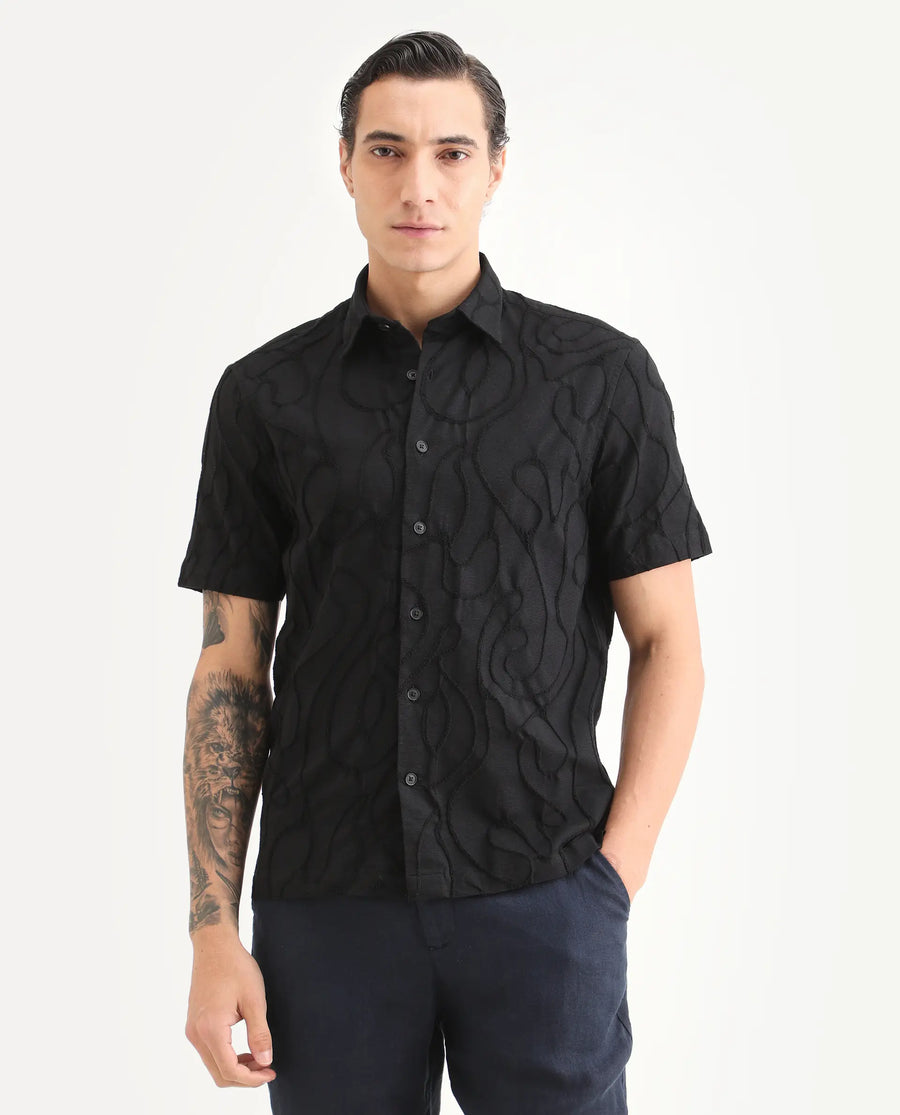 Rare Rabbit Men's Filsa Black Cotton Blend Fabric Half Sleeve Spread Collar Regular Fit Embroidered Shirt