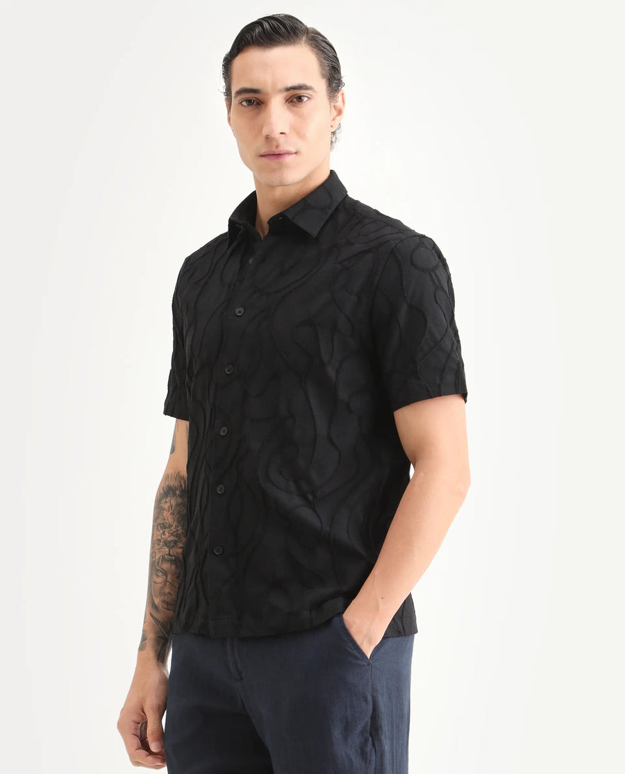 Rare Rabbit Men's Filsa Black Cotton Blend Fabric Half Sleeve Spread Collar Regular Fit Embroidered Shirt