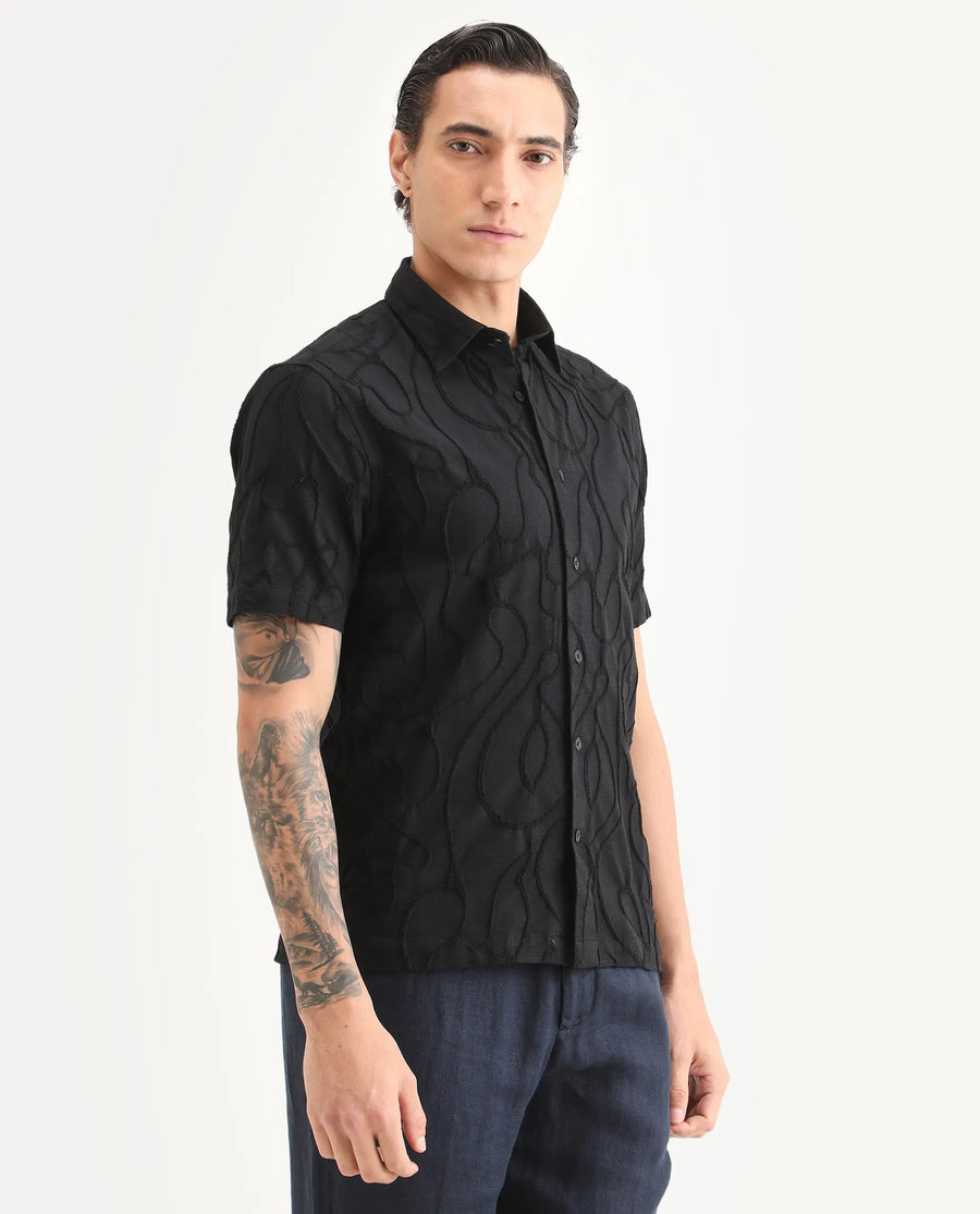 Rare Rabbit Men's Filsa Black Cotton Blend Fabric Half Sleeve Spread Collar Regular Fit Embroidered Shirt