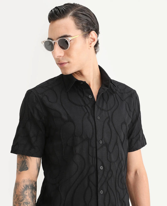Rare Rabbit Men's Filsa Black Cotton Blend Fabric Half Sleeve Spread Collar Regular Fit Embroidered Shirt